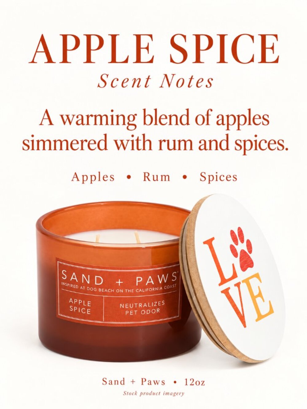 Sand + Paws Apple Spice Candle 12oz LOVE Paw Print Wooden Lid Rust Jar